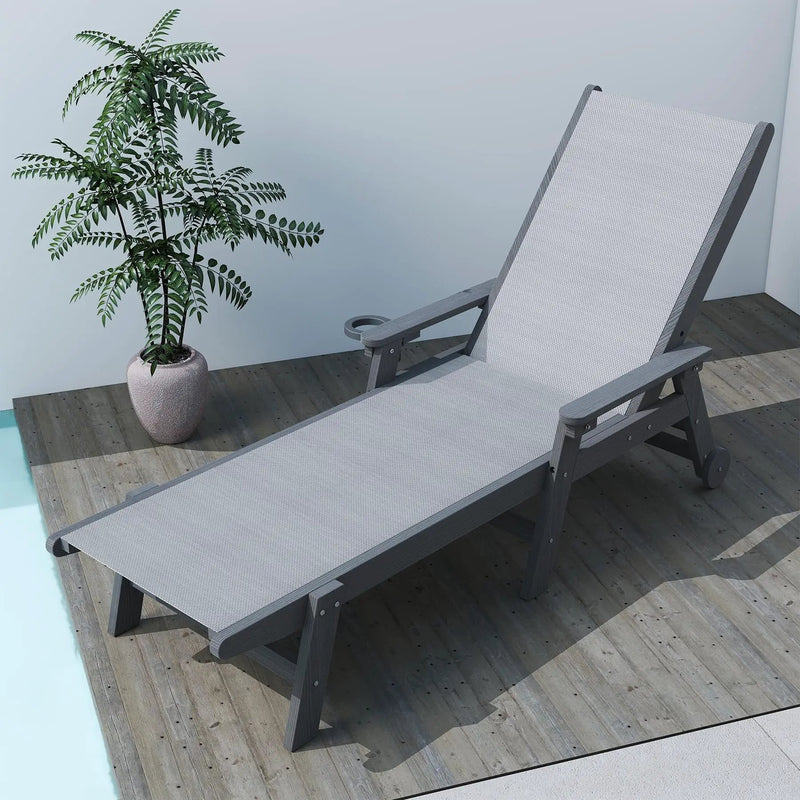 Lounge Chair Outdoor, HDPE Chaise Lounge with Wheels and 5-Position Recliner by HouseOfZazla