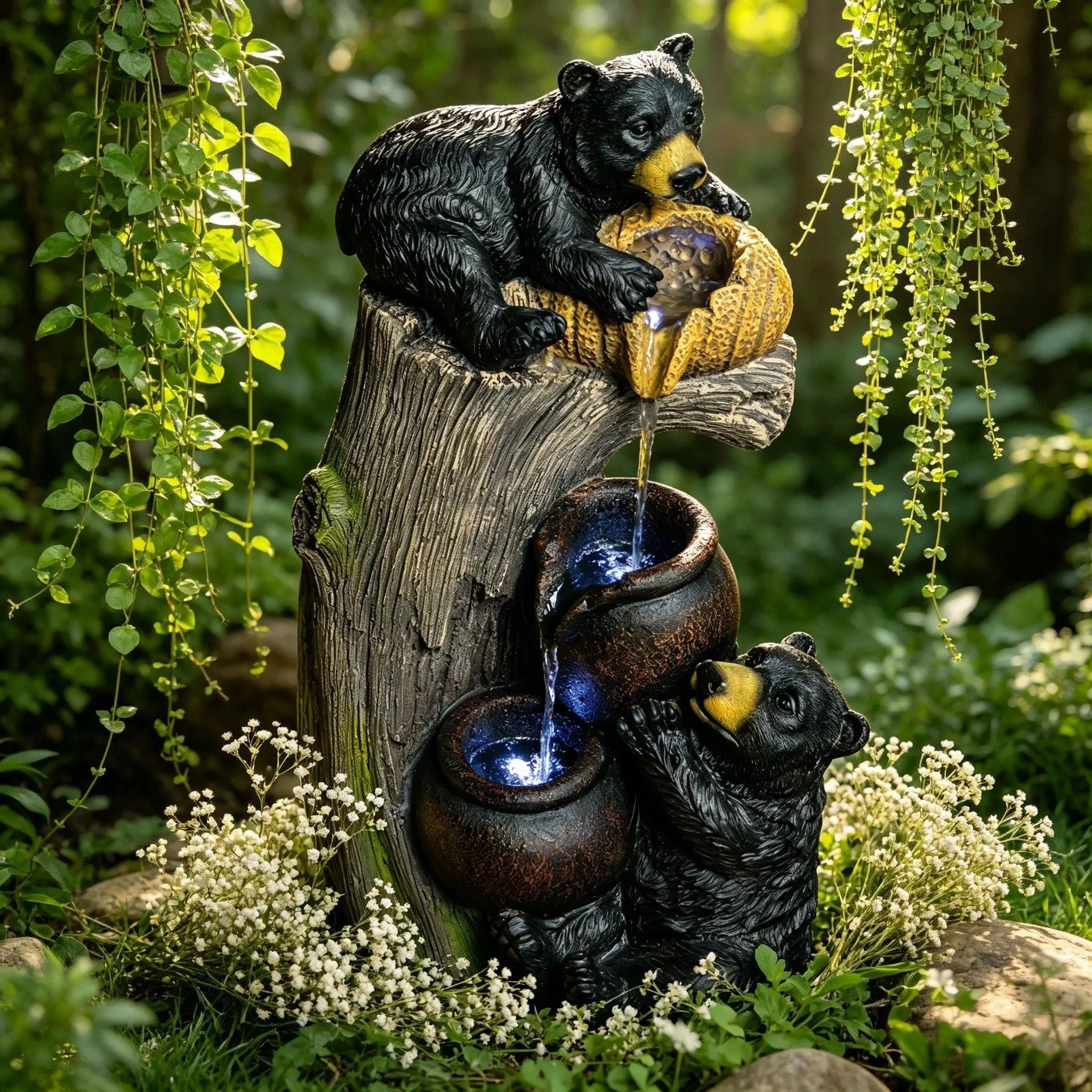Bear Tree Stump Outdoor Water Fountain With LED Lights - Brown Gray by Unique Piece Furniture