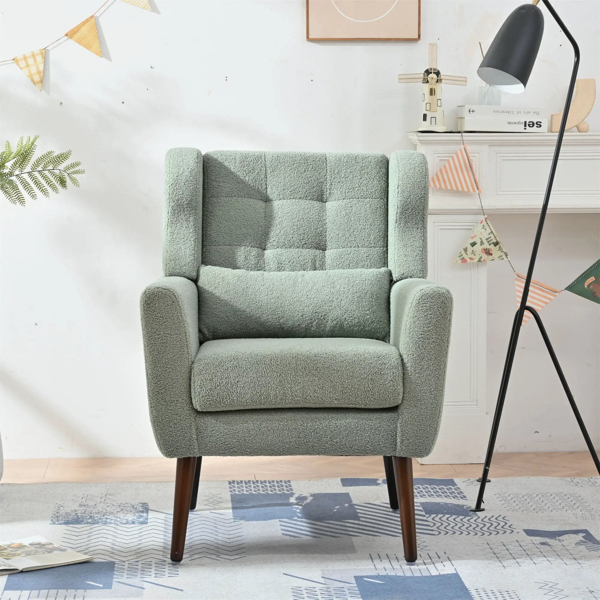 Modern Accent Chair, Teddy Fabric Living Room Chairs Comfy Reading Chair, Mid Century Accent Chair, Lounge Arm Chairs Armchair For Living Room Bedroom - Light Green by Unique Piece Furniture