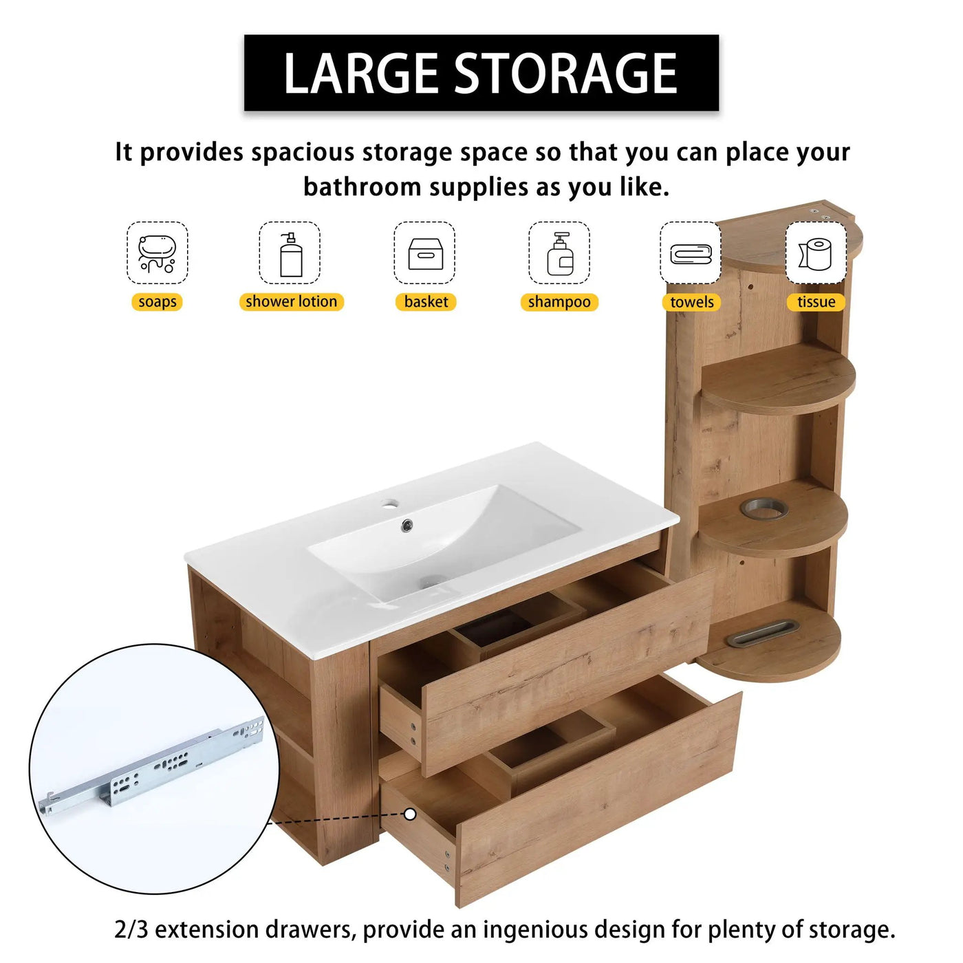 Modern Wall Mounted Bathroom Vanity with Ceramic Sink and Storage Rack by HouseOfZazla
