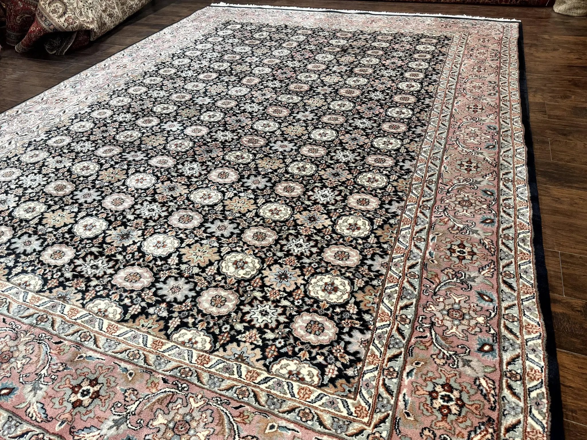 Indo Persian Rug 9x12, Vintage Handmade Wool Carpet, Repeated Allover Motif, Navy Blue and Pink by Jewel Rugs