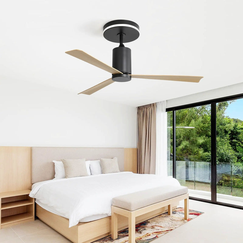 Modern Flush Mount Ceiling Fan With Led Light And Remote Control, 3 ABS Blades Noiseless Reversible Dc Motor For Patio Living Room - Matte Black by Unique Piece Furniture