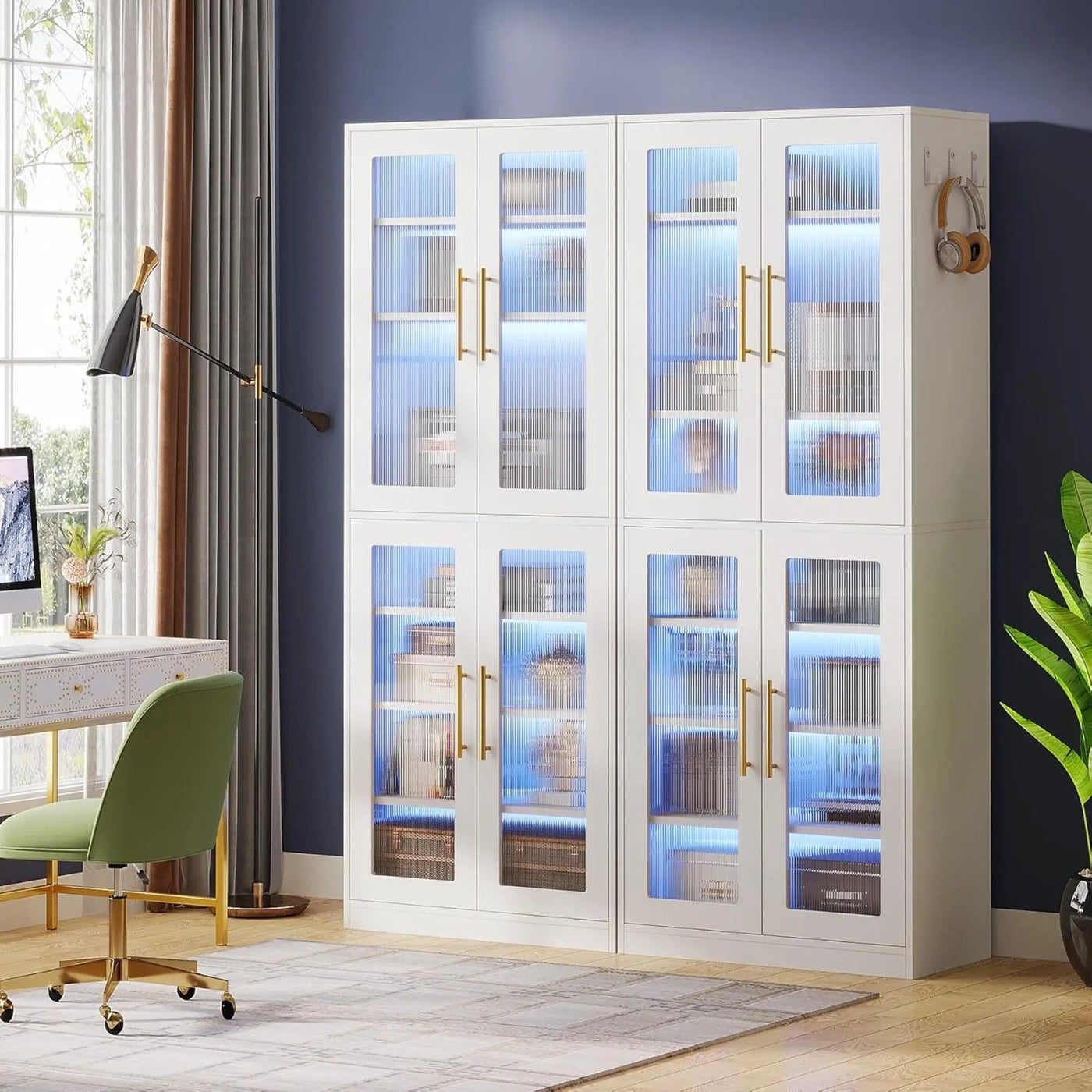Bookcase With Doors And LED Lighting, 8 Adjustable Shelves Storage Cabinet by HouseOfZazla