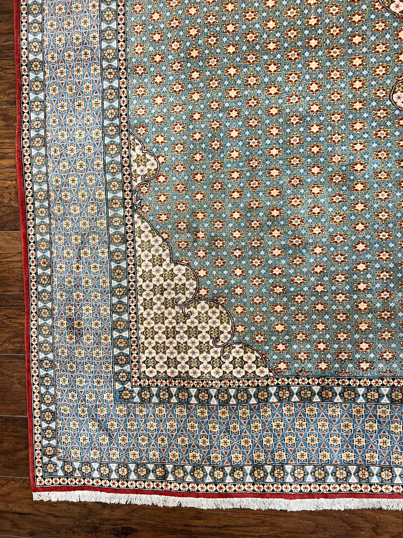 Rare Persian Rug 8x12, Qum Rug, Repeated Star Motifs, Blue and Ivory, Fine 300 KPSI, Hand Knotted Handmade Vintage Wool Rug by Jewel Rugs