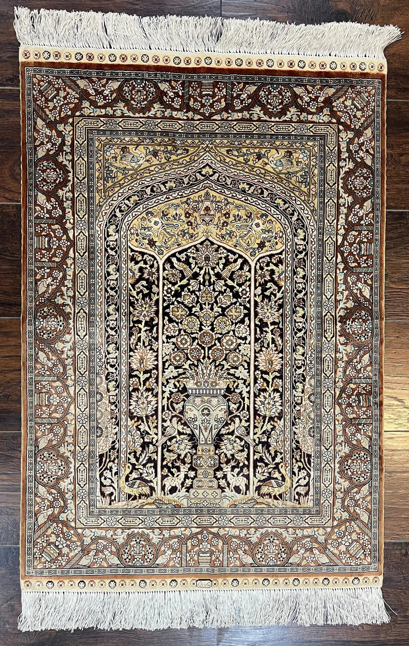 Turkish Silk Hereke Rug 2x3, Floral Vase Tree of Life Birds, Silk Pile on Silk Foundation, Vintage Oriental Carpet, Very Fine, Signature by Jewel Rugs
