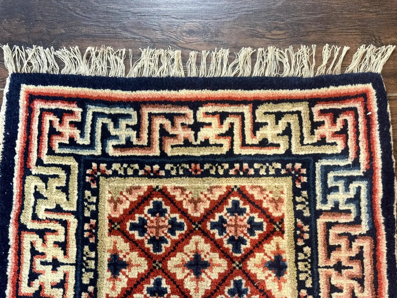 Small Antique Chinese Rug 2x2, Red Blue Square Rug Mat, Handmade, Tibetan Rug by Jewel Rugs