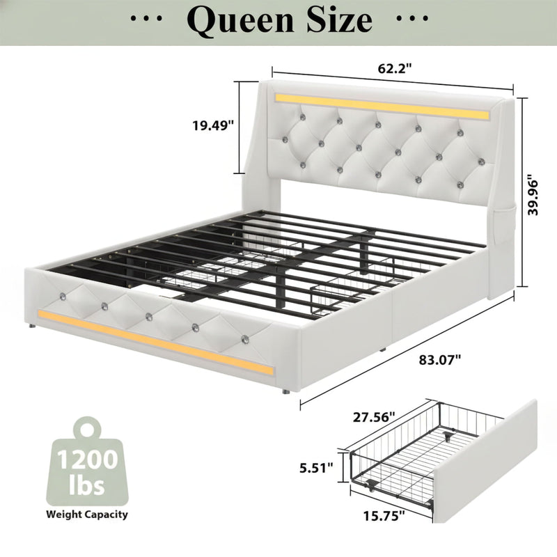 Wingback Upholstered Bed Frame With LED Lights, Charging Station by HouseOfZazla