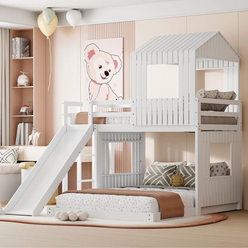Loft Bunk Bed With Playhouse, Farmhouse, Ladder, Slide And Guardrails by Unique Piece Furniture