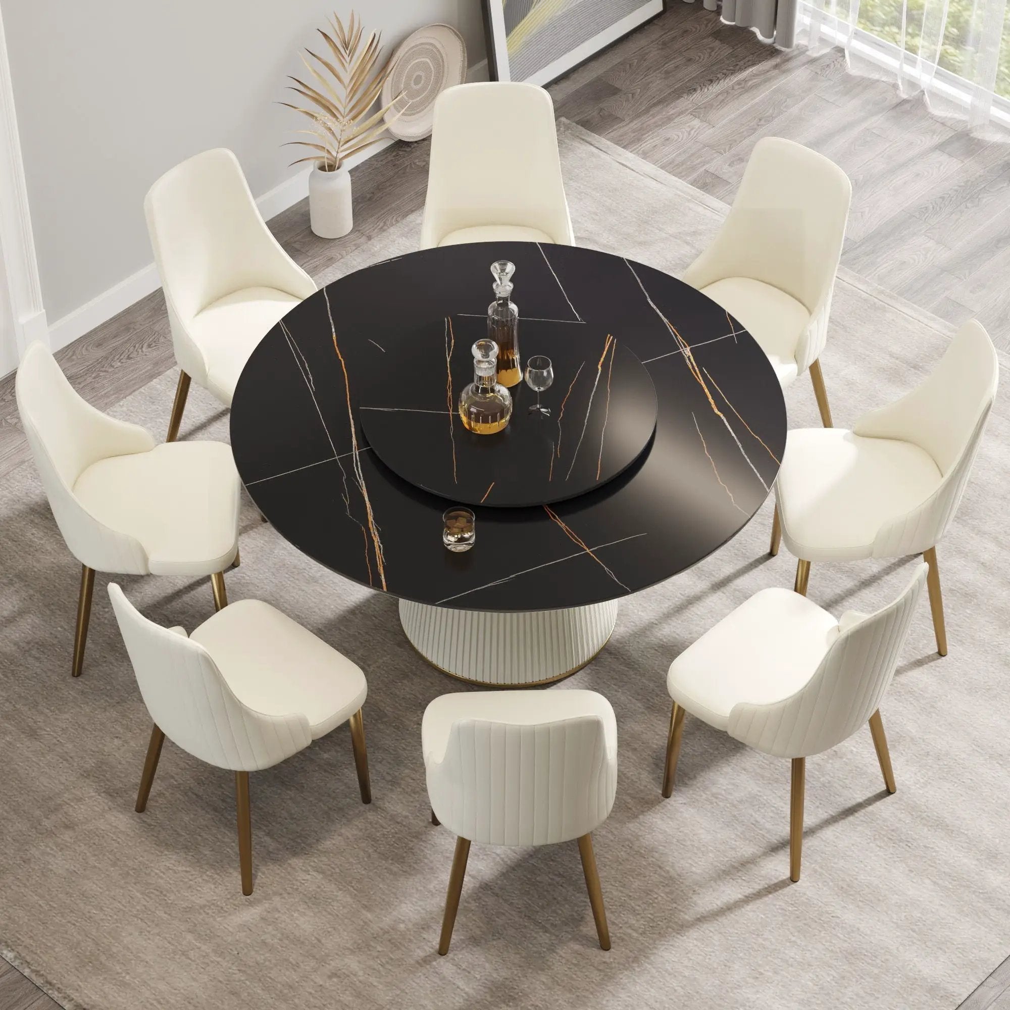 Modern Artificial Stone Round Plywood Base Dining Table, Can Accommodate 8 People Artificial Stone Turntable (Not Including Chairs) - Black / Beige by HouseOfZazla
