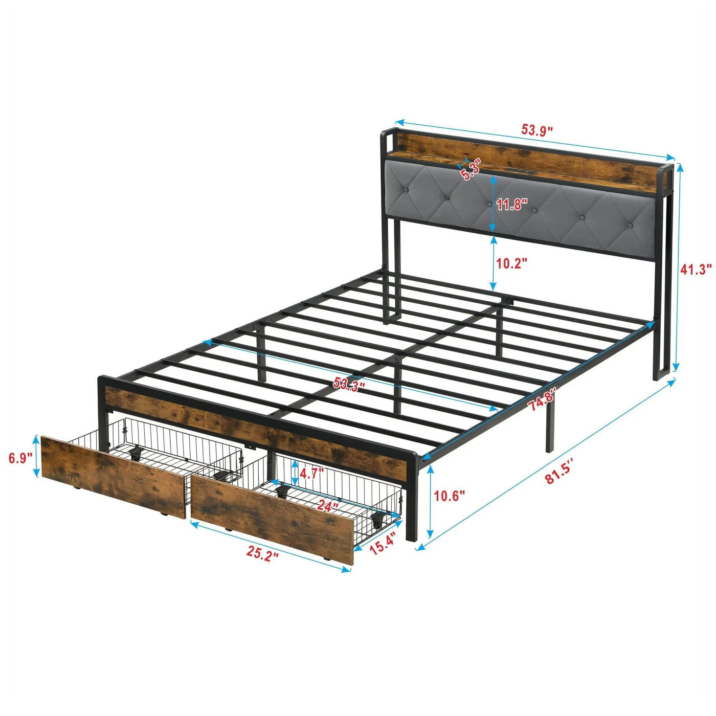 Modern Bed Frame With LED Lights, Upholstered Headboard, USB Charging by HouseOfZazla