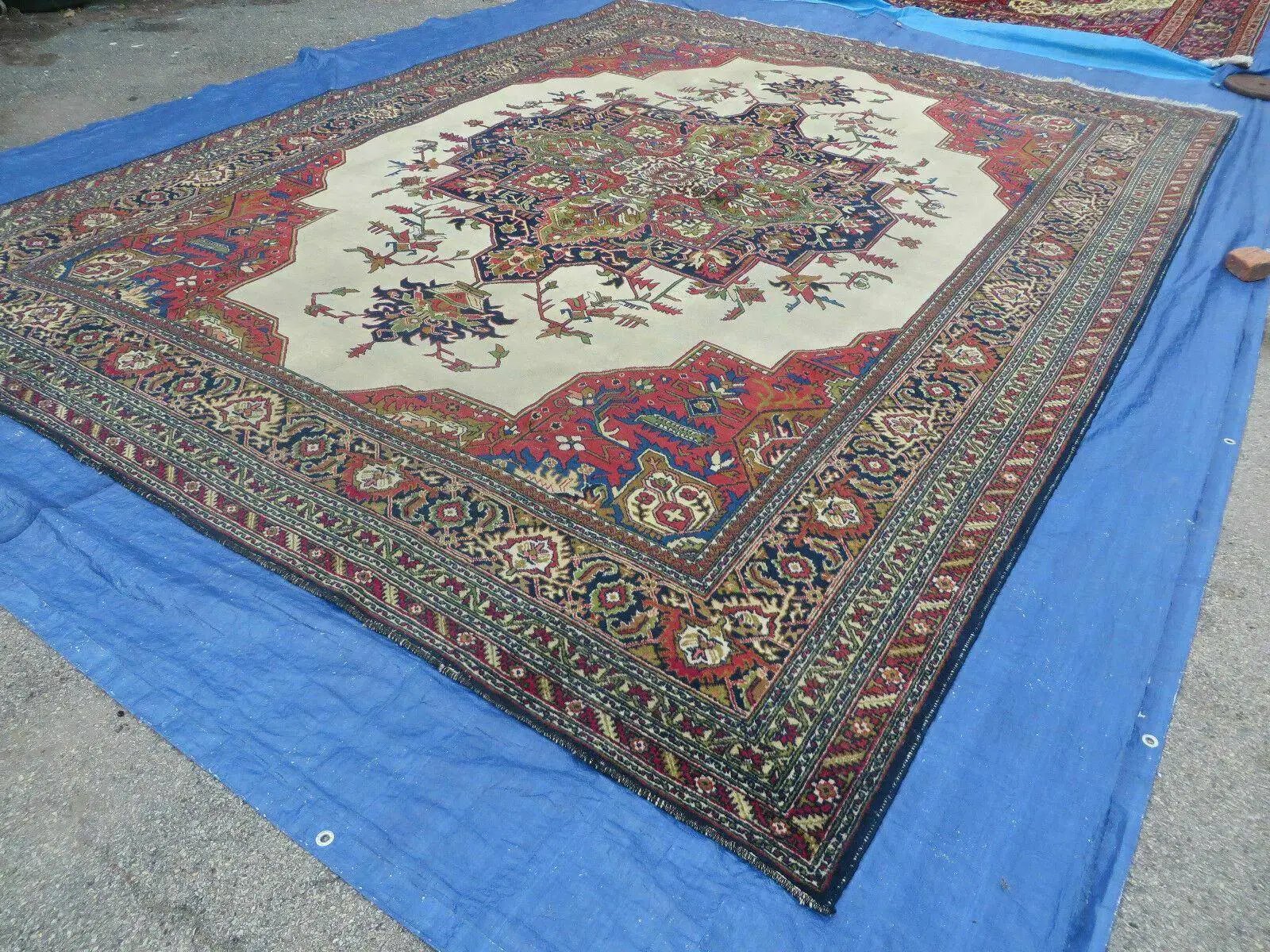 Persian Tabriz Rug 10x13 Oriental Carpet, Ivory Open Field, Geometric Medallion, Red Blue, Hand Knotted, Large Wool Area Rug Vintage Antique 1950s by Jewel Rugs