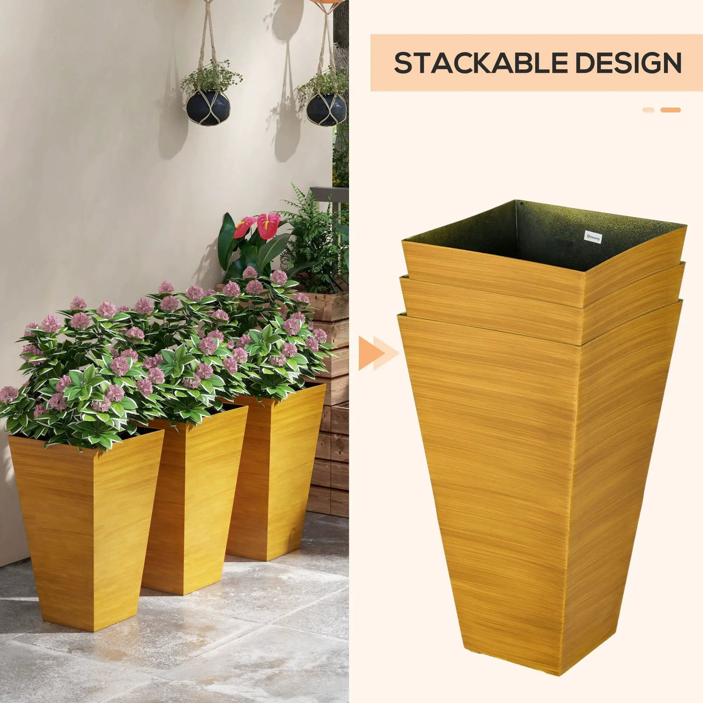 Outsunny - Outdoor Planters (Set of 3) Large Taper Planters With Drainage Holes And Plug, Faux Wood Plastic Flower Pots For Outdoor, Indoor, Garden, Patio by HouseOfZazla