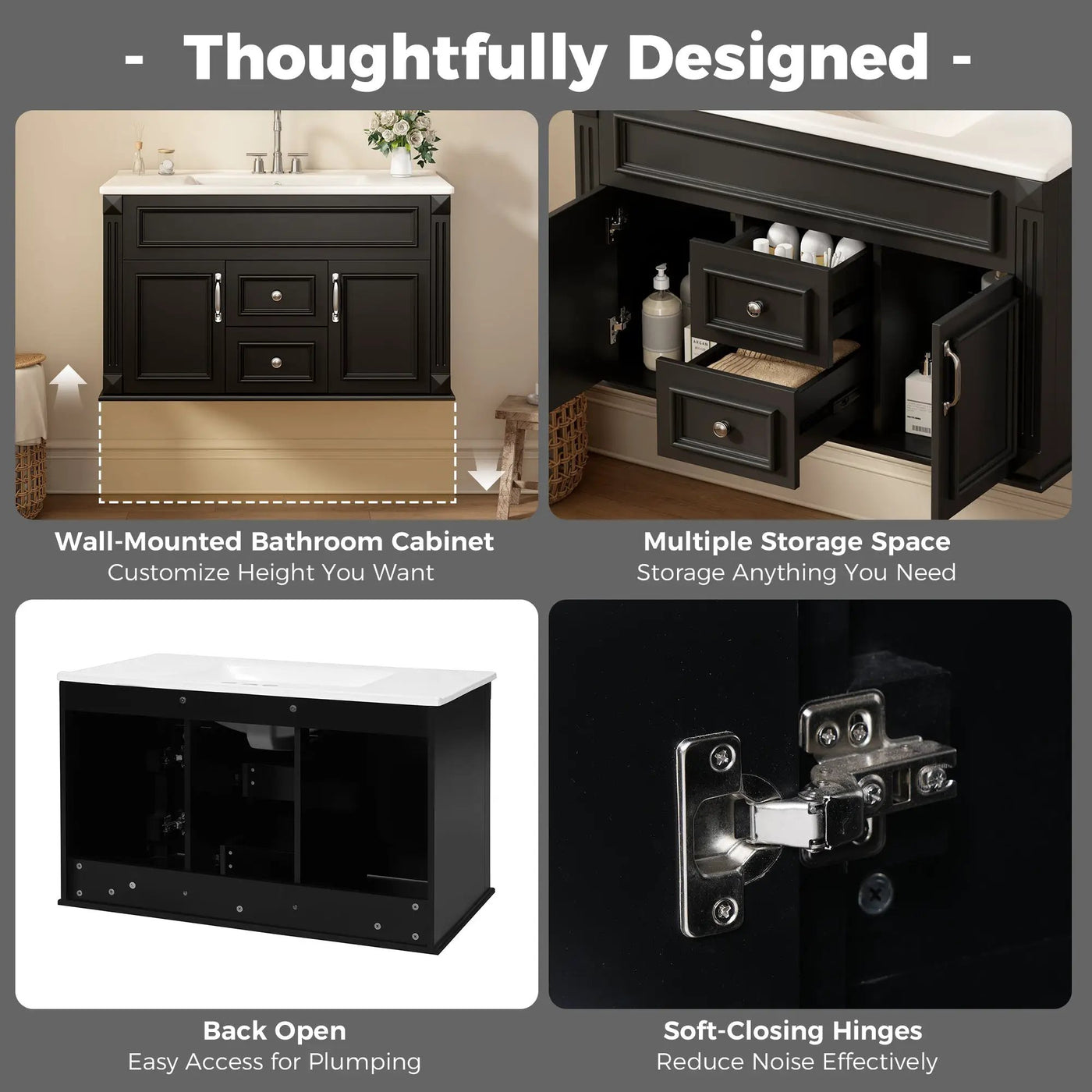 36 Inch Wall Mounted Bathroom Cabinet with Ceramic Sink and Drawers by HouseOfZazla