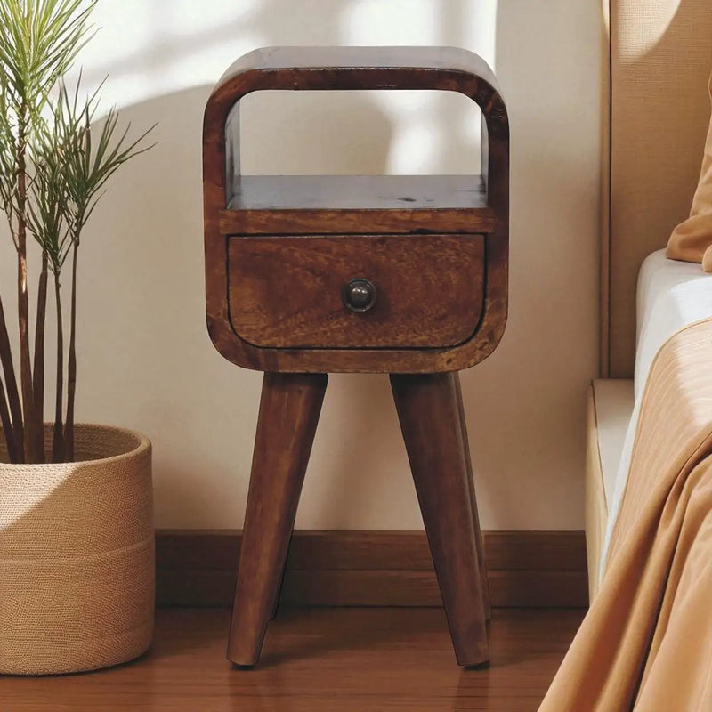 Solid Wood Extra Mini Curve Bedside, 1-Drawer, 1 Open-Slot, Chestnut by HouseOfZazla