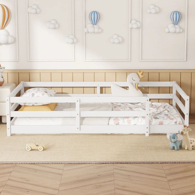 Twin Size Montessori Floor Bed With Fence - White by HouseOfZazla