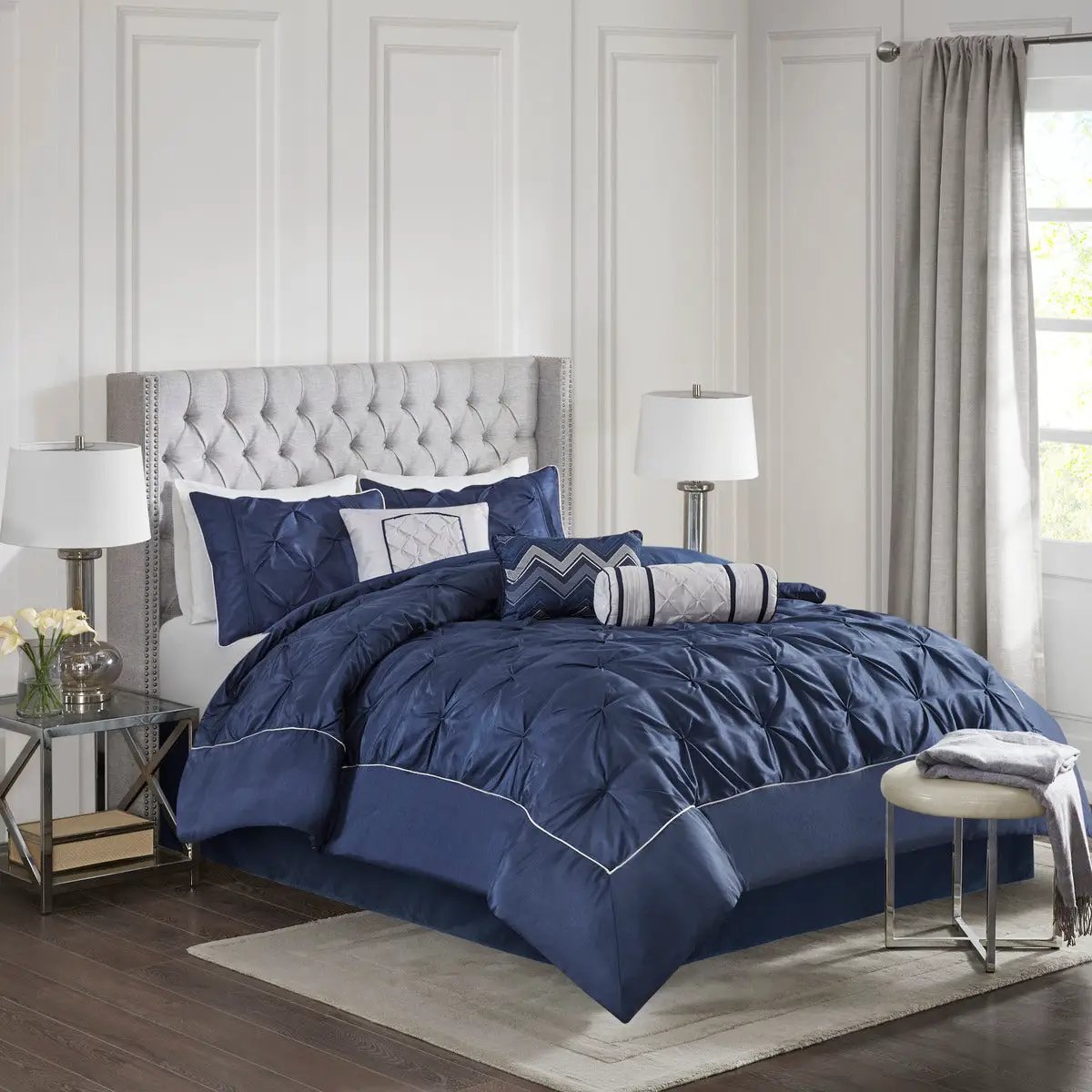 7 Piece Tufted Comforter Set Navy King by HouseOfZazla