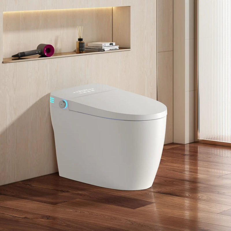Tankless Smart Toilet With Bidet Built In, 1 Piece Bidet Toilet Seat, Auto Flush, Heated Seat, Warm Water And Dry, Adjustable Temp, Remote Control Side Know - White by HouseOfZazla