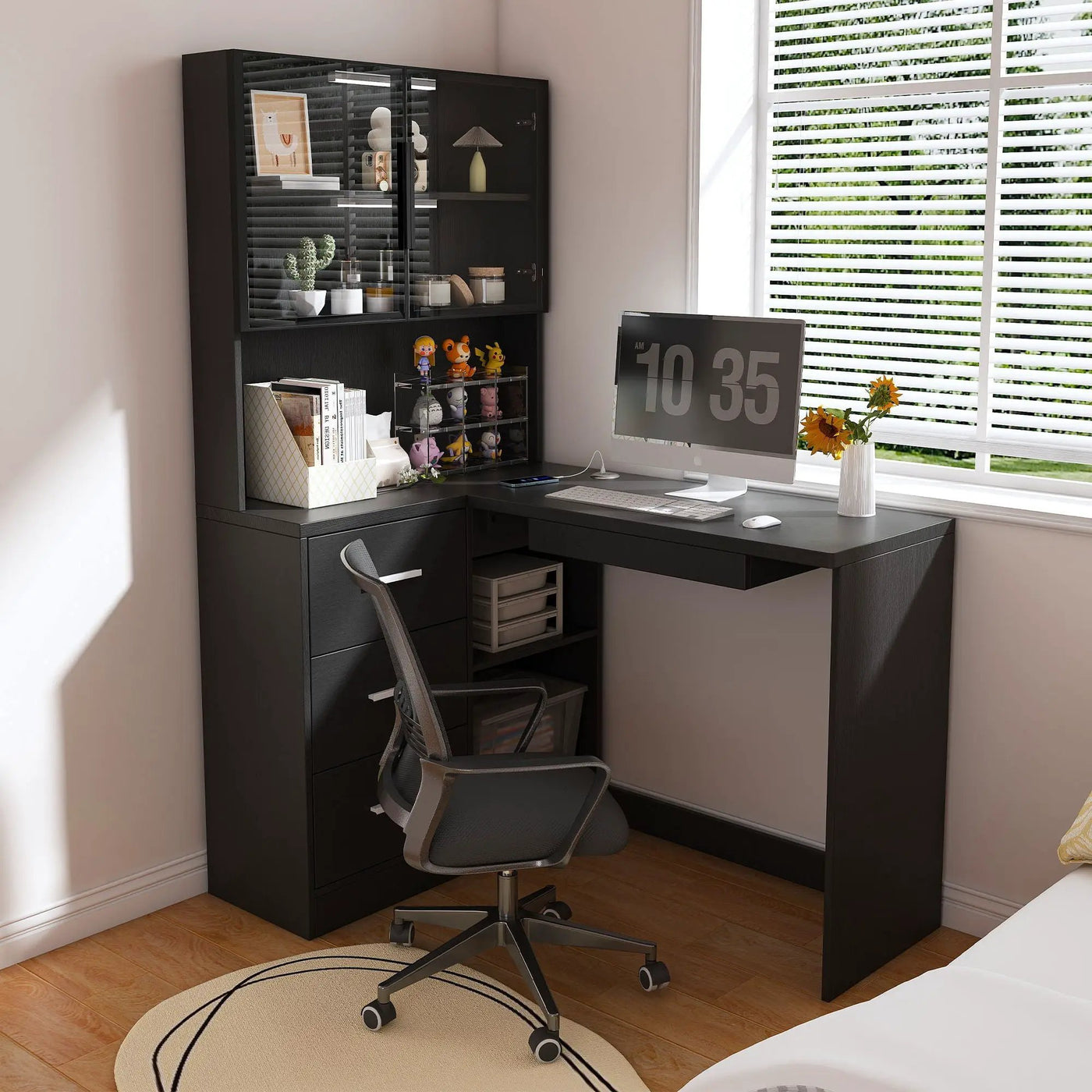 L-Shaped Computer Desk with Glass Cabinets, Built-In LED Lights, and USB Charging Ports by HouseOfZazla
