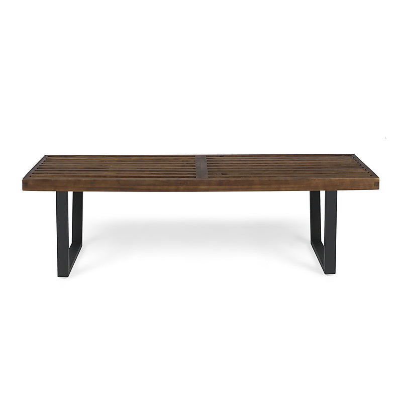 Modern Acacia Wood Patio Dining Bench with Iron Legs - Natural Wood/Iron, photo 9 of 9