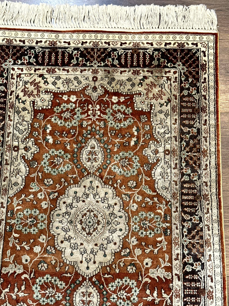 Turkish Silk Narrow Runner Rug 2 x 5.8, Very Fine 340 KPSI, Floral Medallions, Red by Jewel Rugs