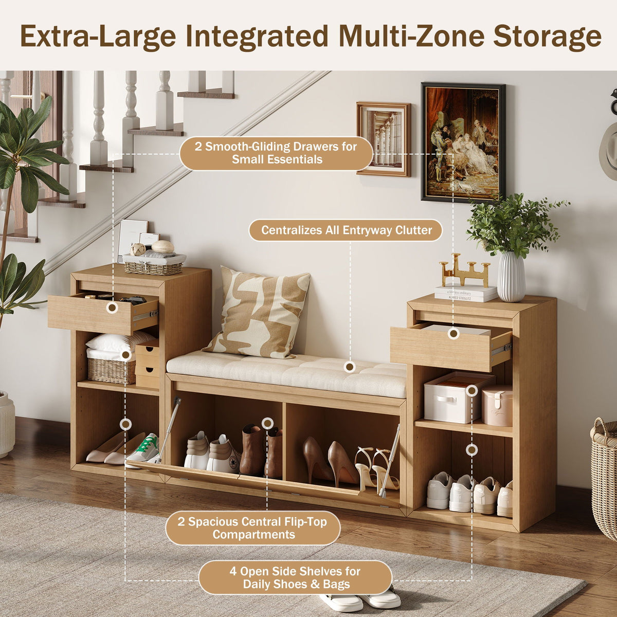 Entryway Storage Bench With Cushion, Drawers & Open Shelves, photo 22 of 25