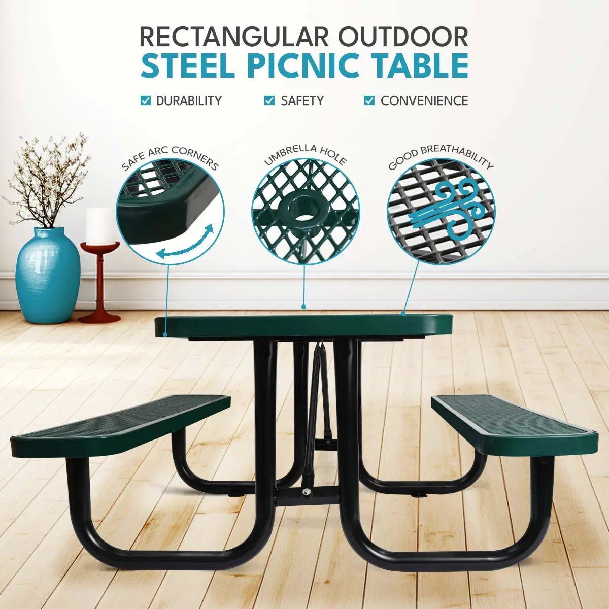 Outdoor Steel Picnic Rectangular Table With Umbrella Pole by HouseOfZazla