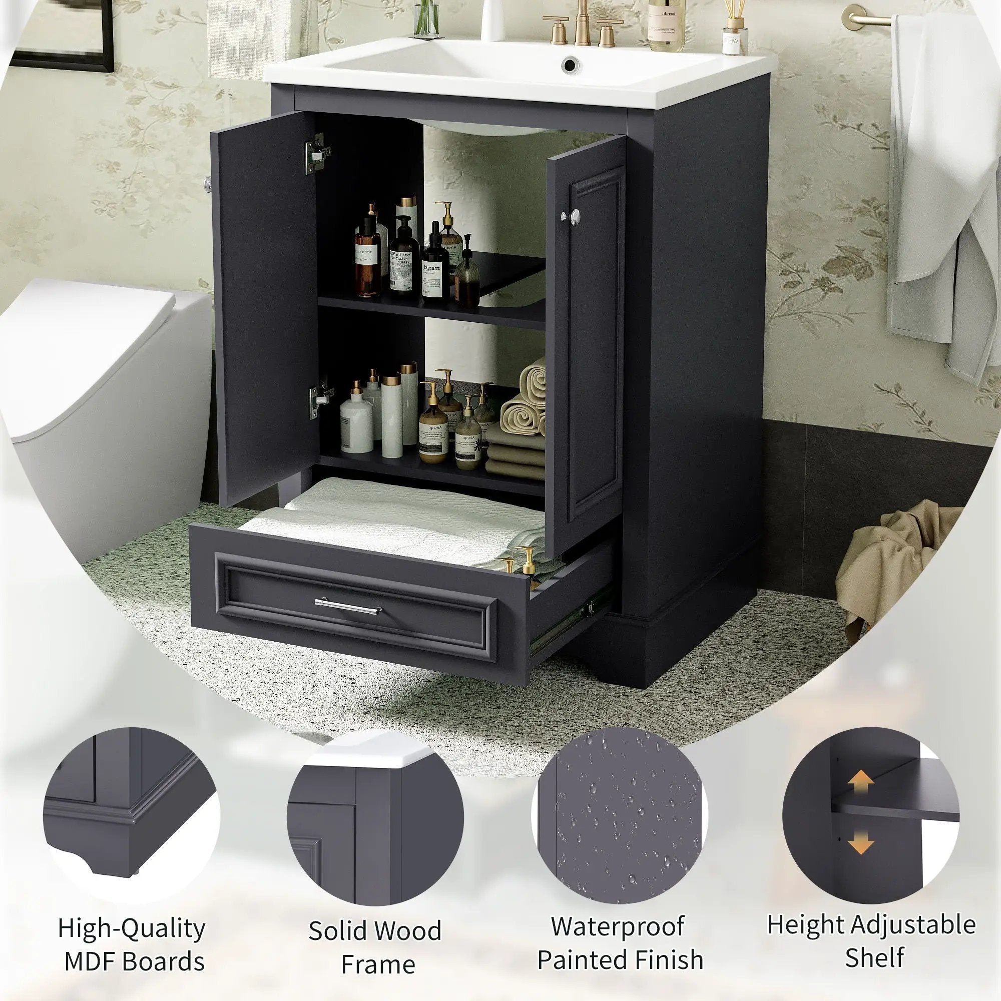 Bathroom Vanity With Ceramic Sink Combo, Modern Freestanding Storage Cabinet With Silver Handles by HouseOfZazla