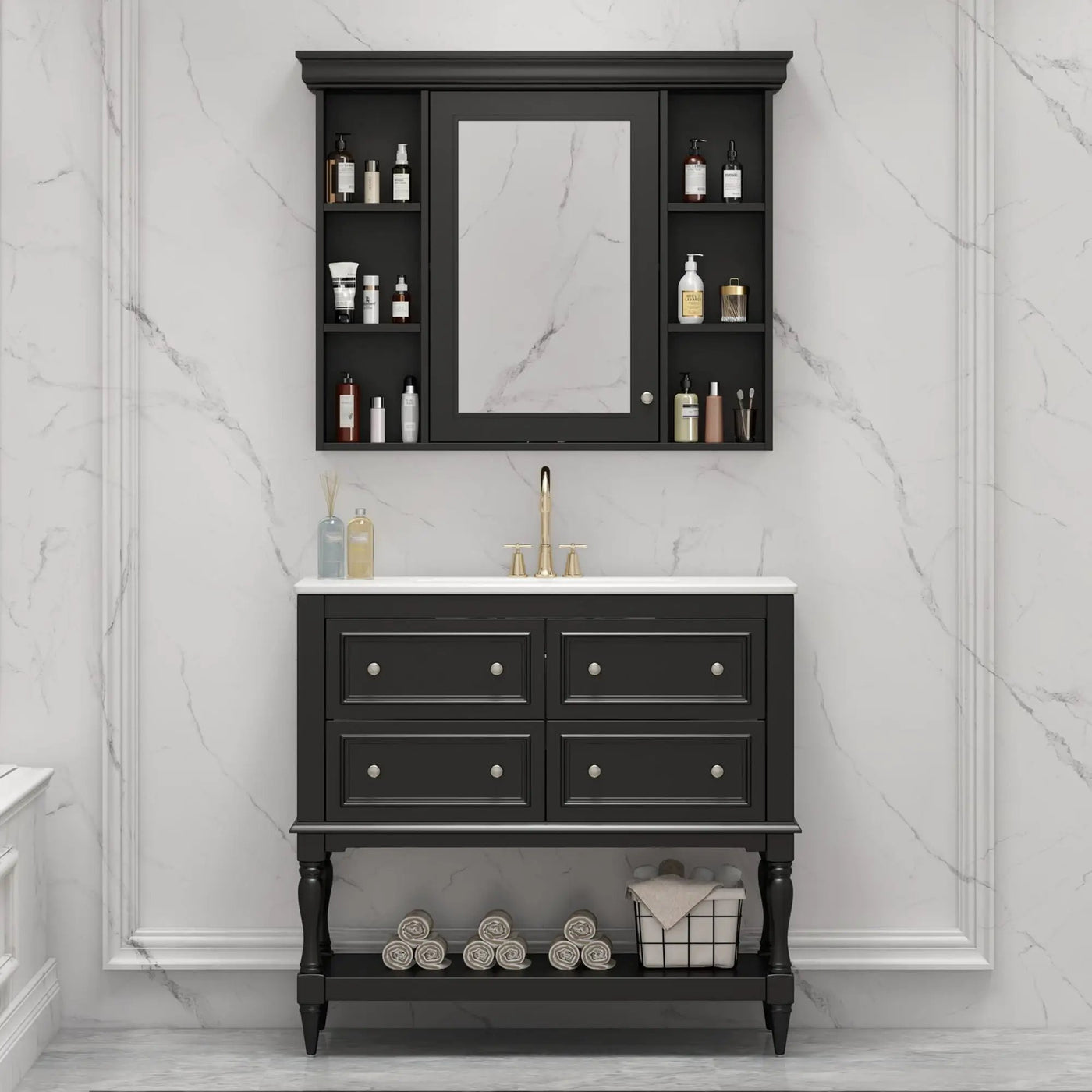 Bathroom Vanity With Medicine Cabinet, Storage Cabinet With 4 Drawers, Adjustable Shelf Mirror by HouseOfZazla