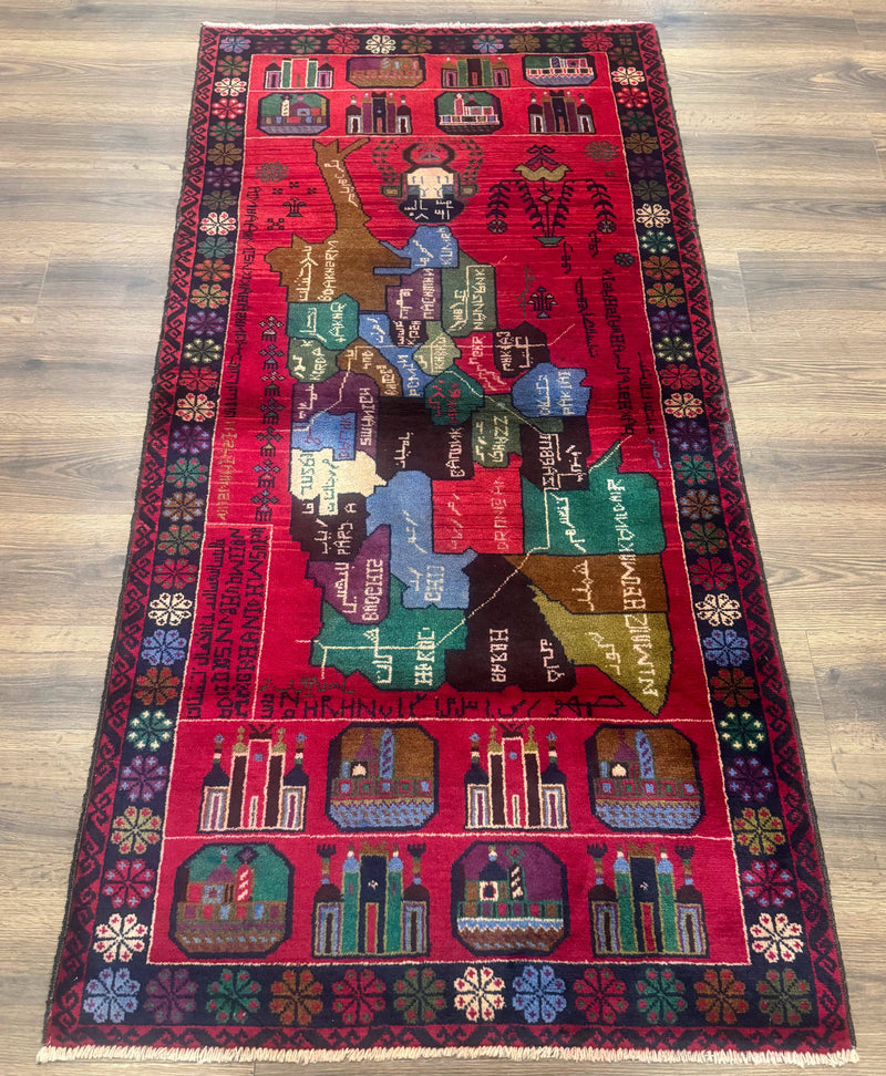 Afghan Rug 3x7, Map of Afghanistan, War Rug, Tribal Rug, Balouch Rug, New, Red by Jewel Rugs