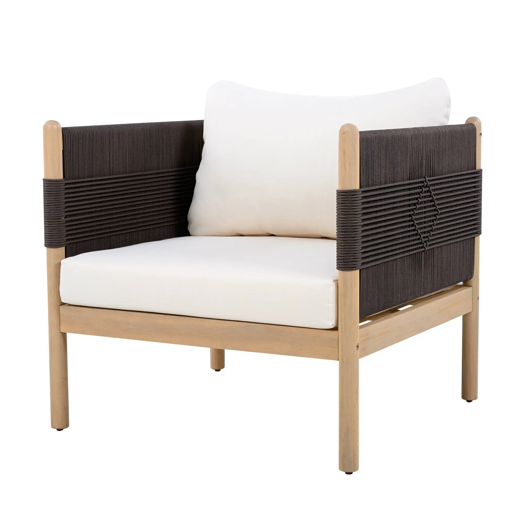 Outdoor Acacia Wood Club Chair with Diamond Rope Weave & Cushions, Light Teak by HouseOfZazla