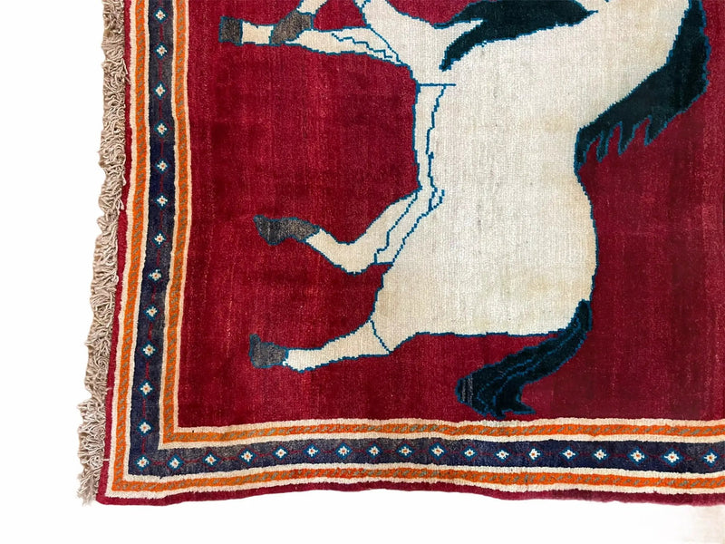 3.5 X 6 Handmade Hand-Knotted New Vintage Rug Quality Wool White Horses Red by Jewel Rugs