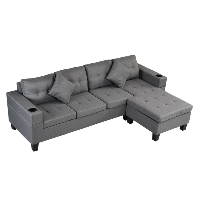 Modern Sectional Sofa Set With L Shape Chaise Lounge, Cup Holder, 4 Seat - Gray by HouseOfZazla