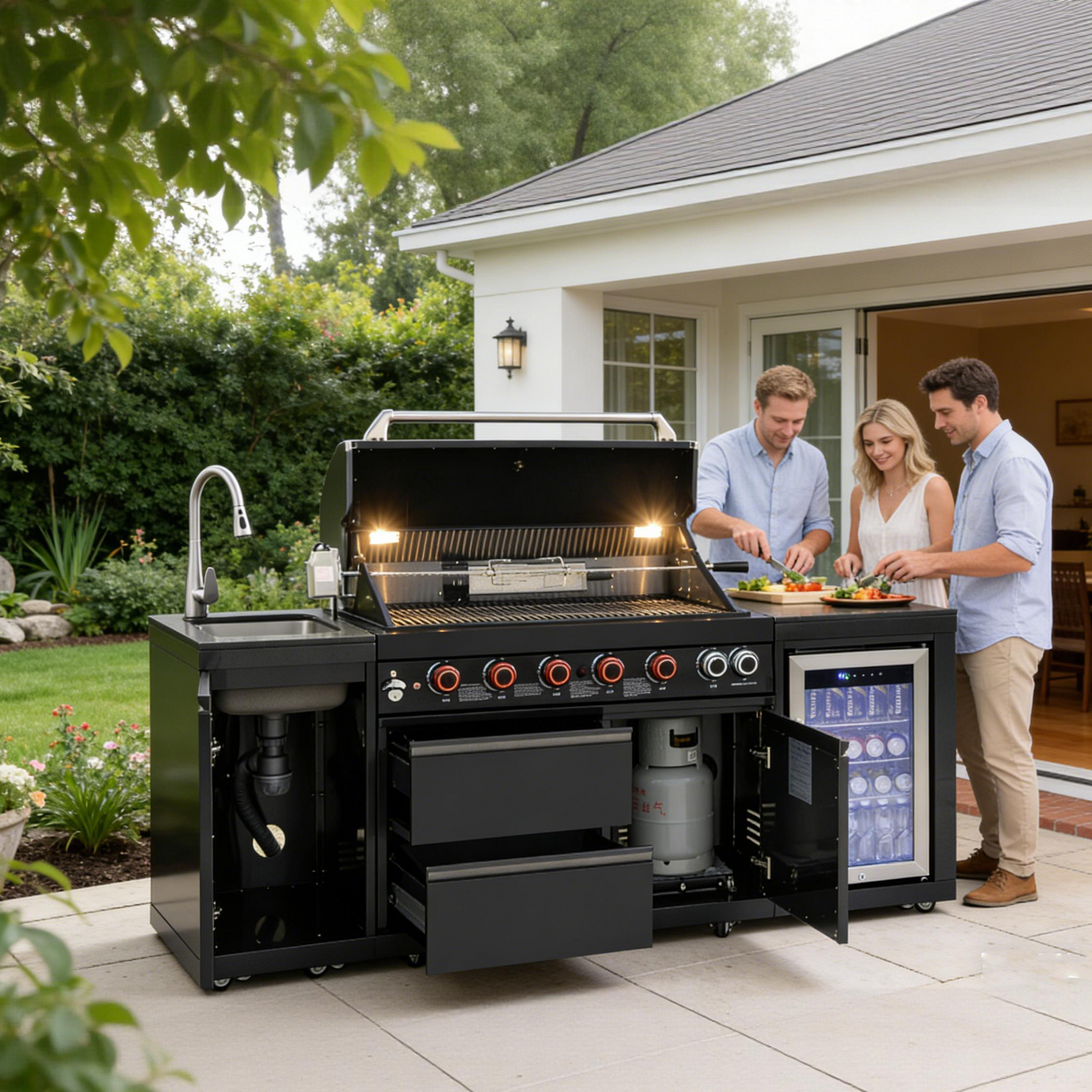 82.5" 6-Burner 83,500 BTU Black Outdoor Kitchen Island Grill Sink + Refrigerator by Chery Industrial