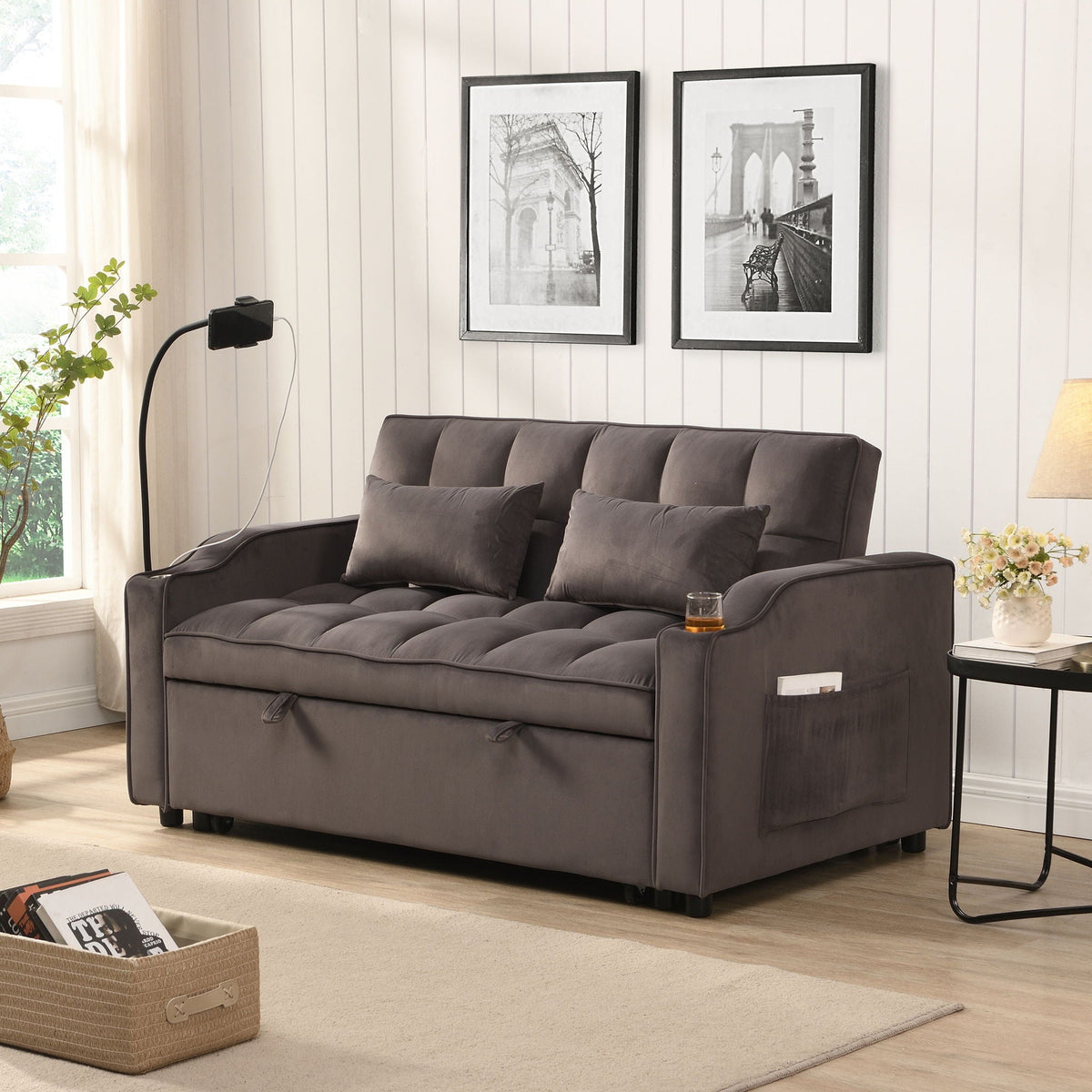 Modern Loveseat Futon Sofa With Pullout Bed, Adjustable Reclining Backrest, Toss Pillows, photo 20 of 21