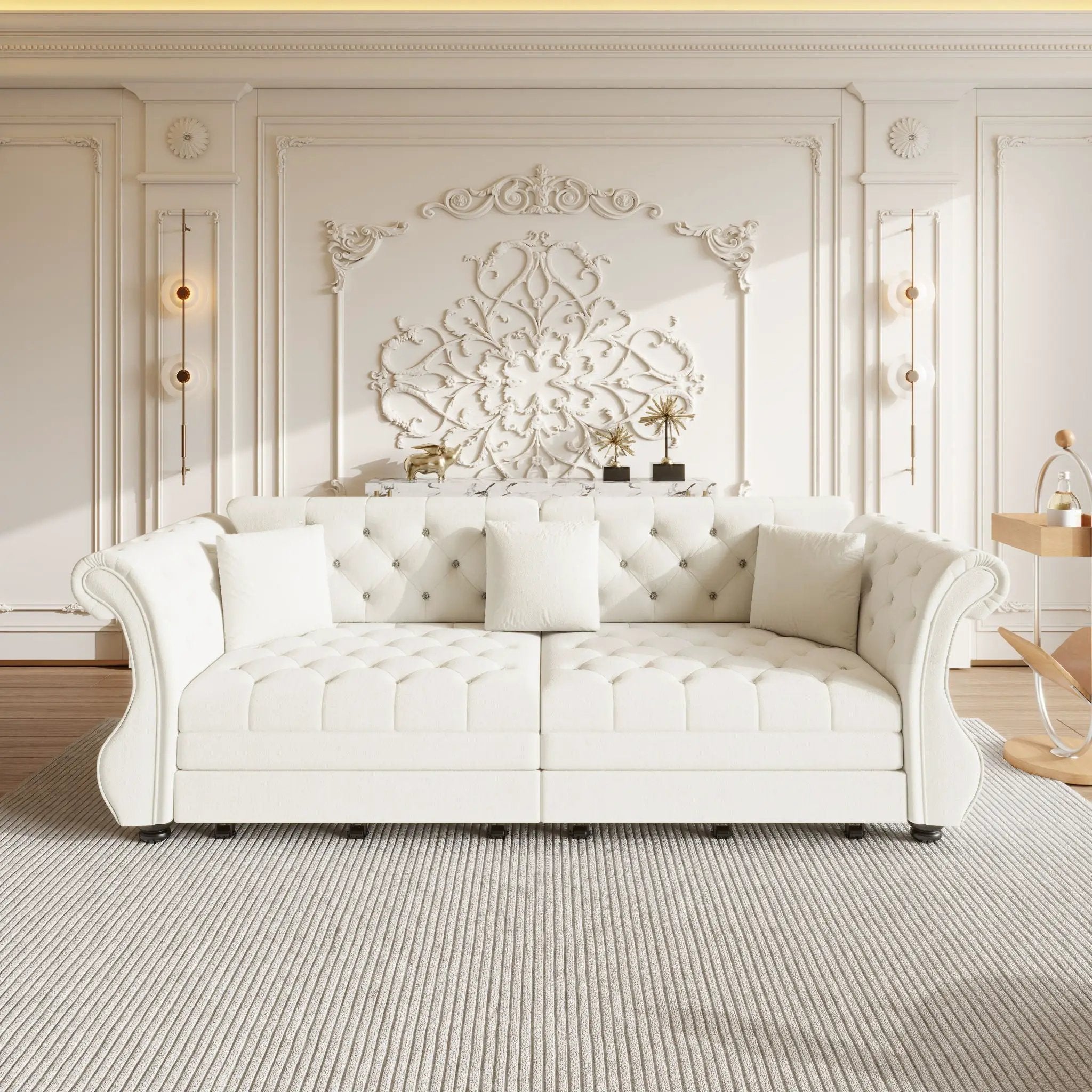 Oversized Chesterfield Pull Out Sofa Bed, Roll Arm Couch With Flower Tufting For Living Room