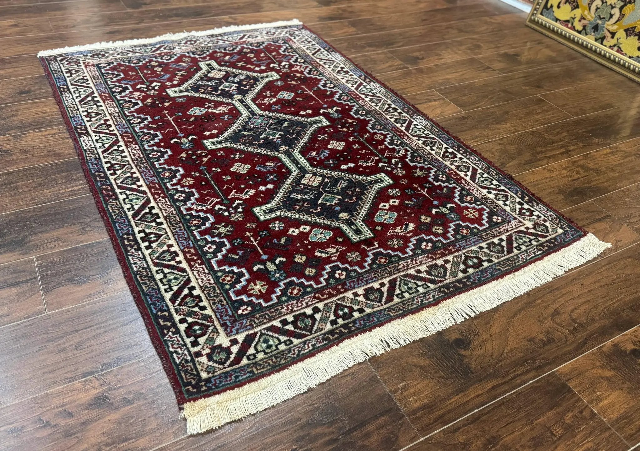 Persian Afshar Rug 4x5 Red Navy Geometric Tribal Wool Carpet by Jewel Rugs