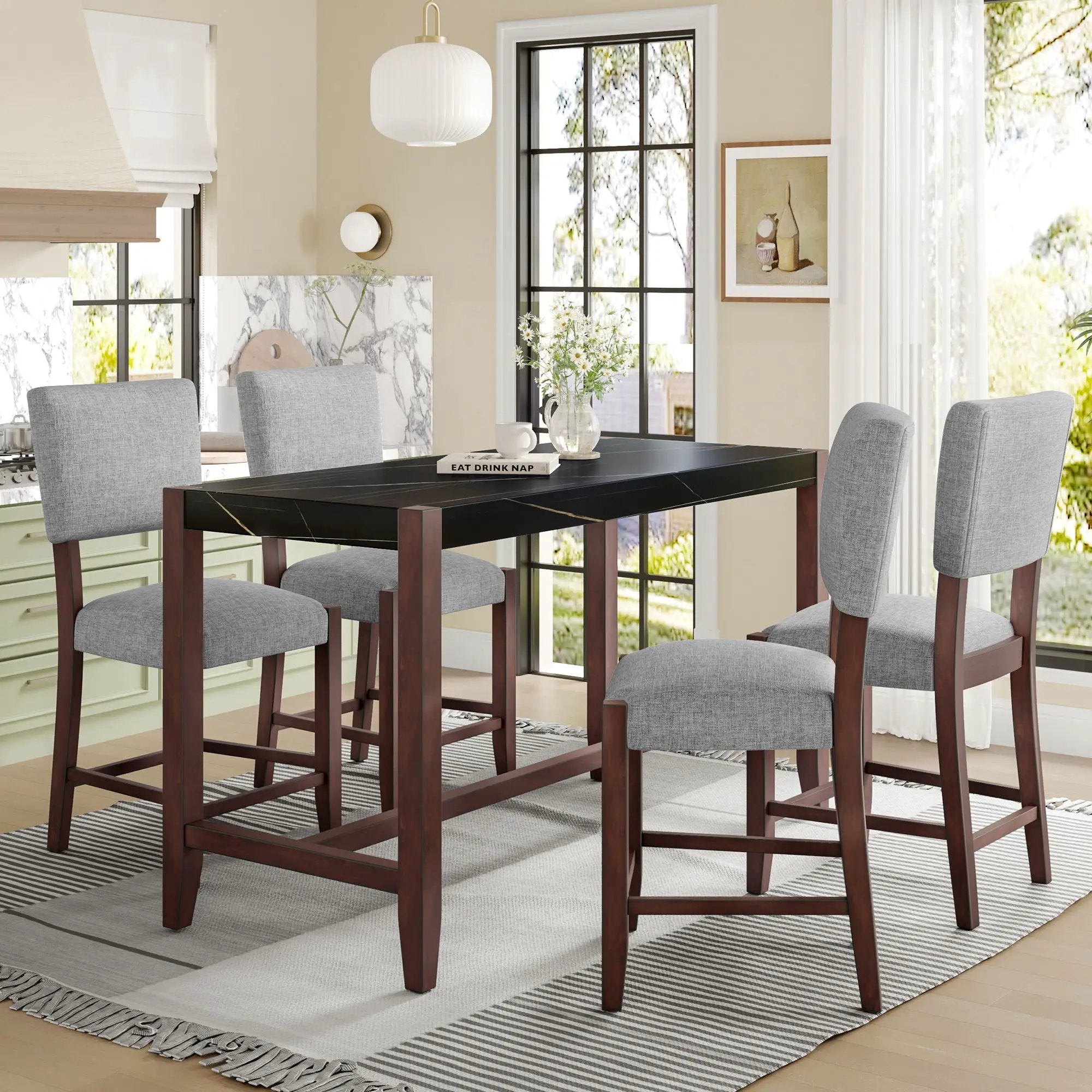 5 Piece Counter Height Dining Set, Bar Table With 4 Upholstered Chairs by Unique Piece Furniture