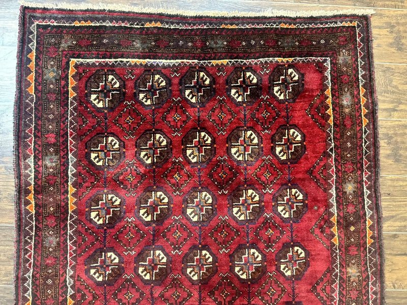 Persian Turkoman Tribal Rug 4x8, Handmade Vintage Wool Carpet, Red, Bohemian Rug by Jewel Rugs