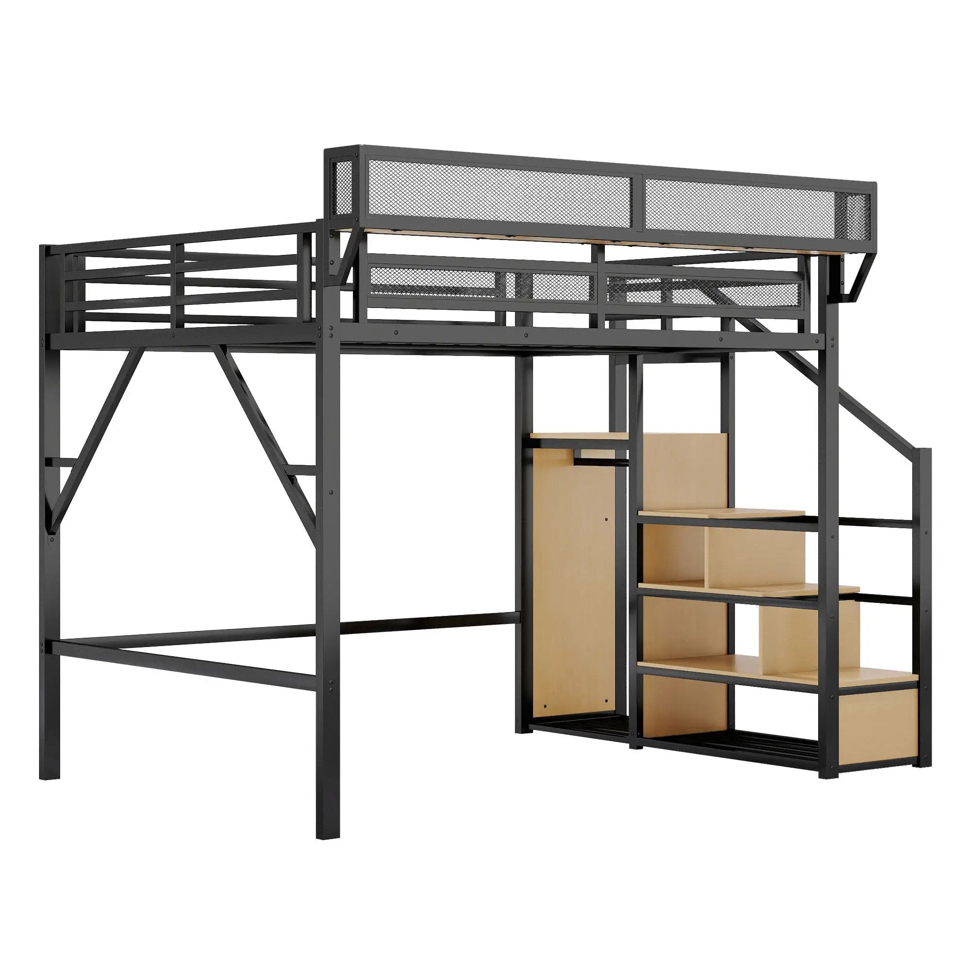 Queen Size Loft Bed & Stairs, Storage Shelves, Wardrobe - Black / Wood by Unique Piece Furniture