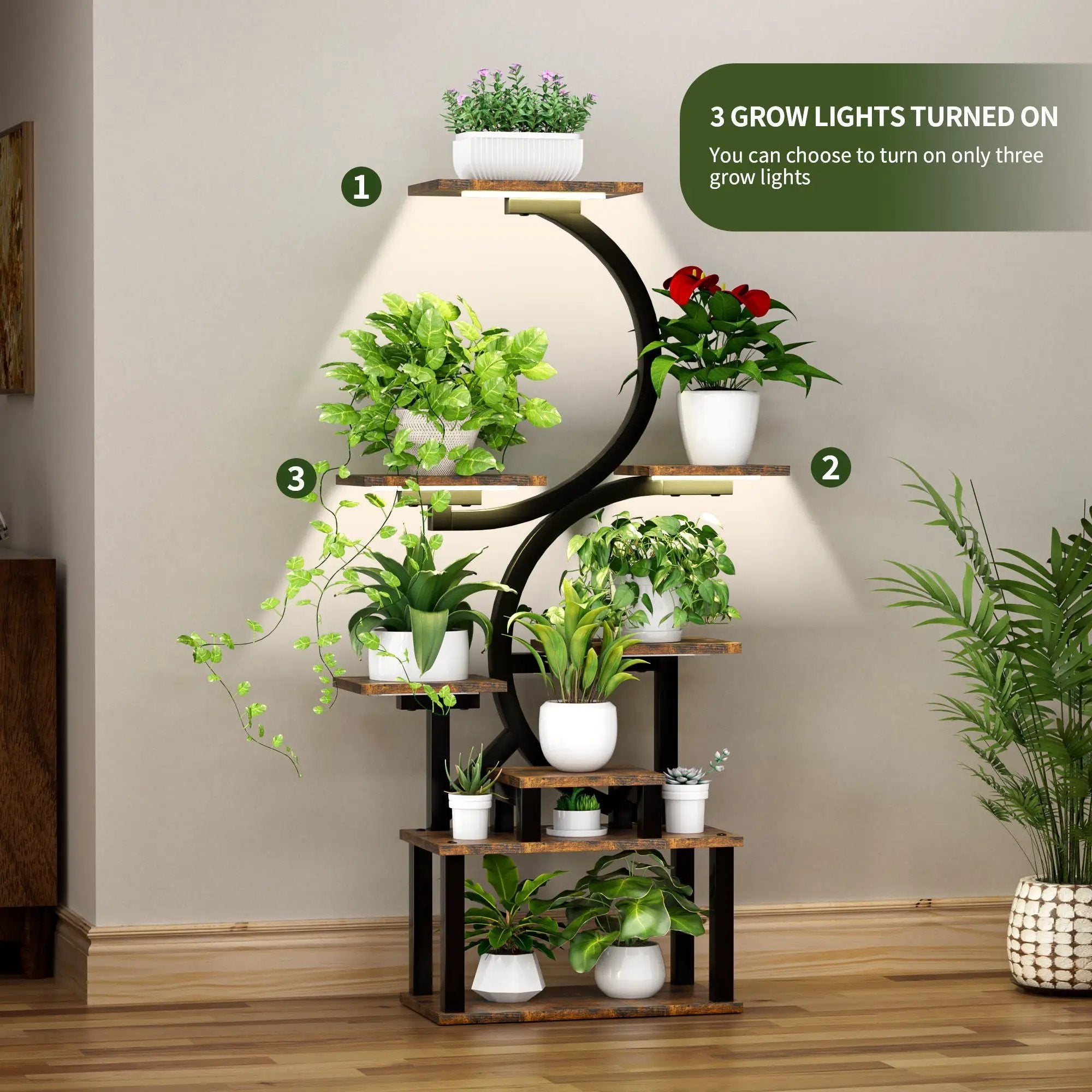 8 Tier Indoor Plant Stand With 5 Grow Lights For Living Room - Rustic Brown by HouseOfZazla