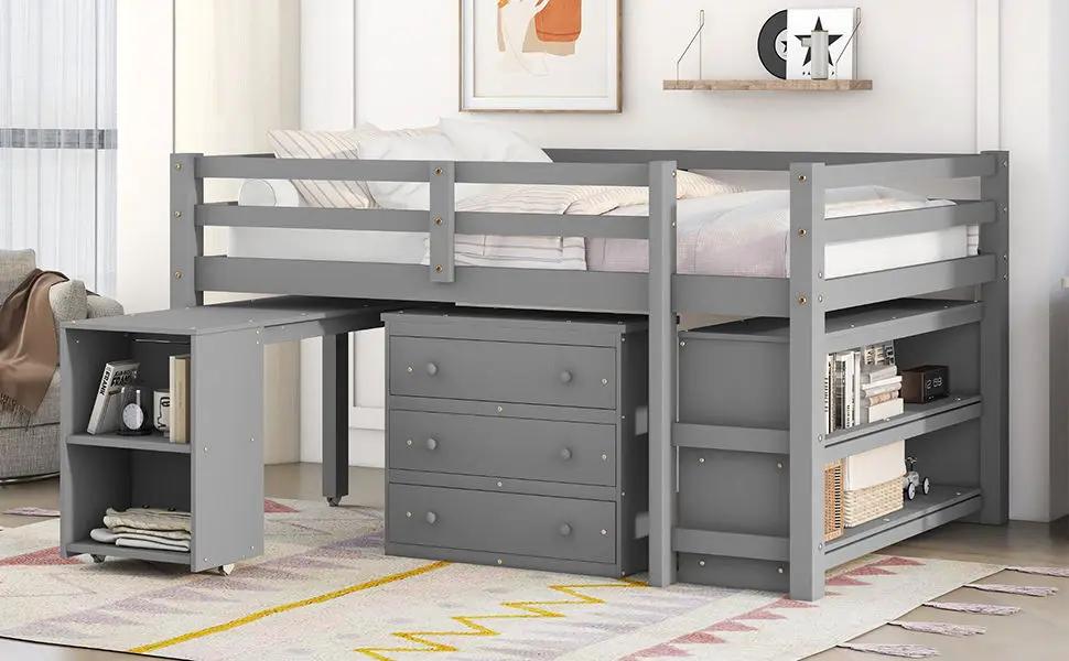 Loft Low Study Bed With Cabinet, Shelves And Rolling Portable Desk, Multiple Functions by Unique Piece Furniture