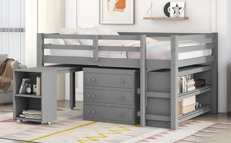 Loft Low Study Bed With Cabinet, Shelves And Rolling Portable Desk, Multiple Functions by Unique Piece Furniture