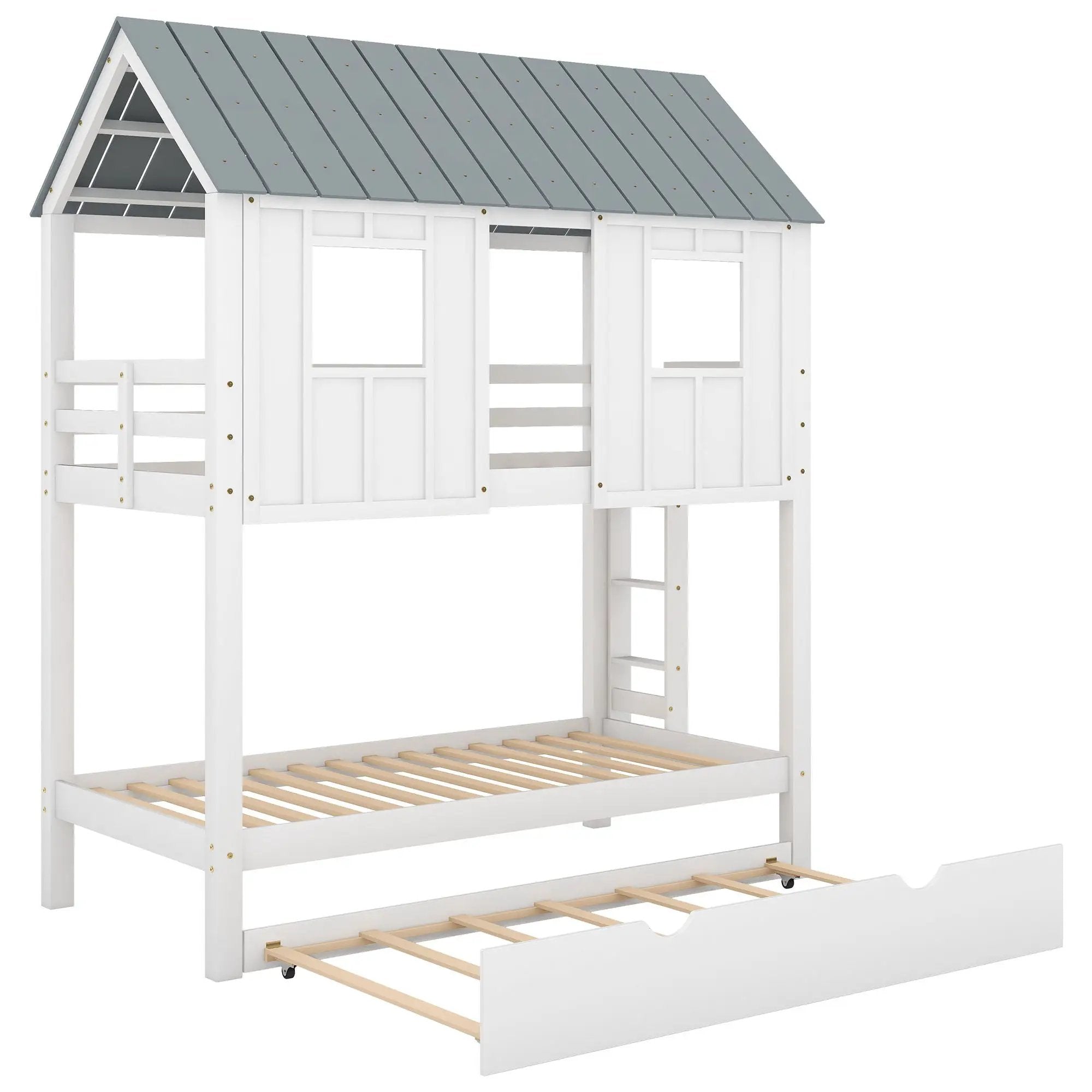 Twin Size House Bunk Bed With Trundle, Roof And Windows - White / Gray by HouseOfZazla
