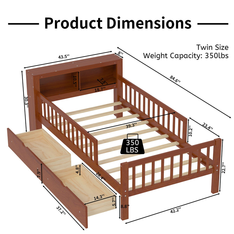 Bed With Headboard Storage Rack, 2 Under Bed Drawers, 3 Side Guardrails For Safety by HouseOfZazla