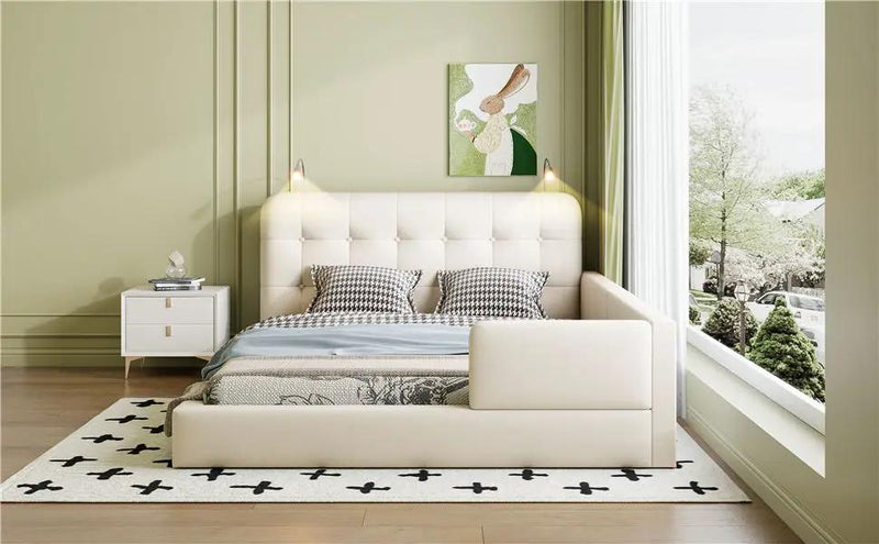 Queen Size Upholstered Platform Bed With 2 Reading Lights - White by HouseOfZazla