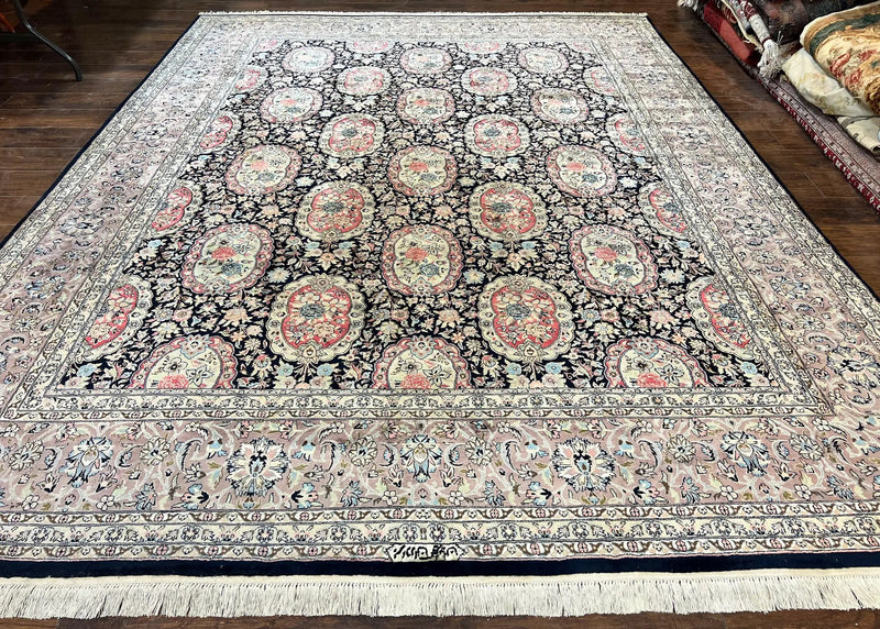 Sino Persian Rug 9x12, Navy Blue and Pink Hand Knotted Wool and Silk Highlights Vintage Oriental Carpet, Handmade Floral Area Rug 9 x 12 ft by Jewel Rugs