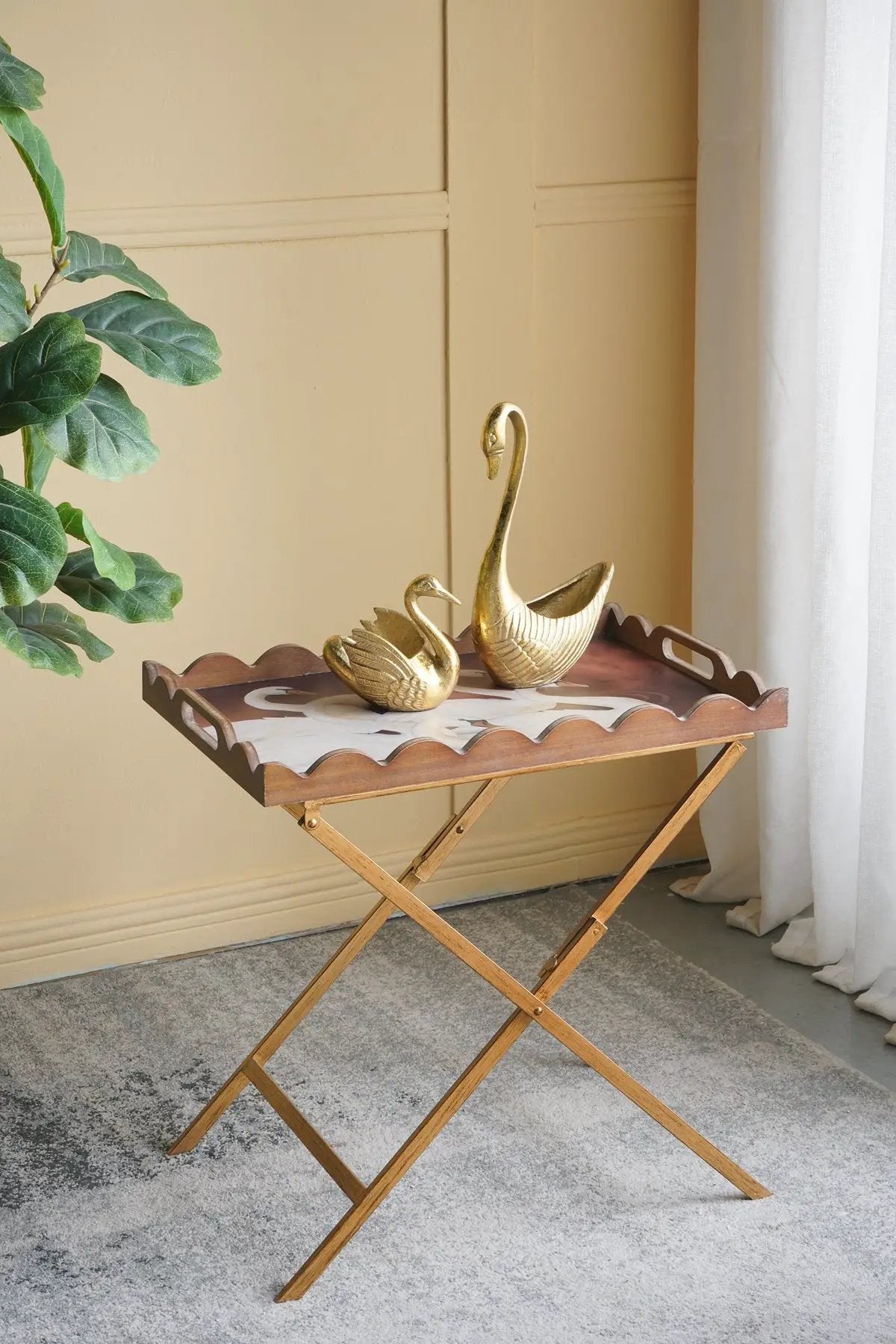 23.5x15.5x24 Brown MDF Tray Table with White Swan Motif and Iron Base by HouseOfZazla