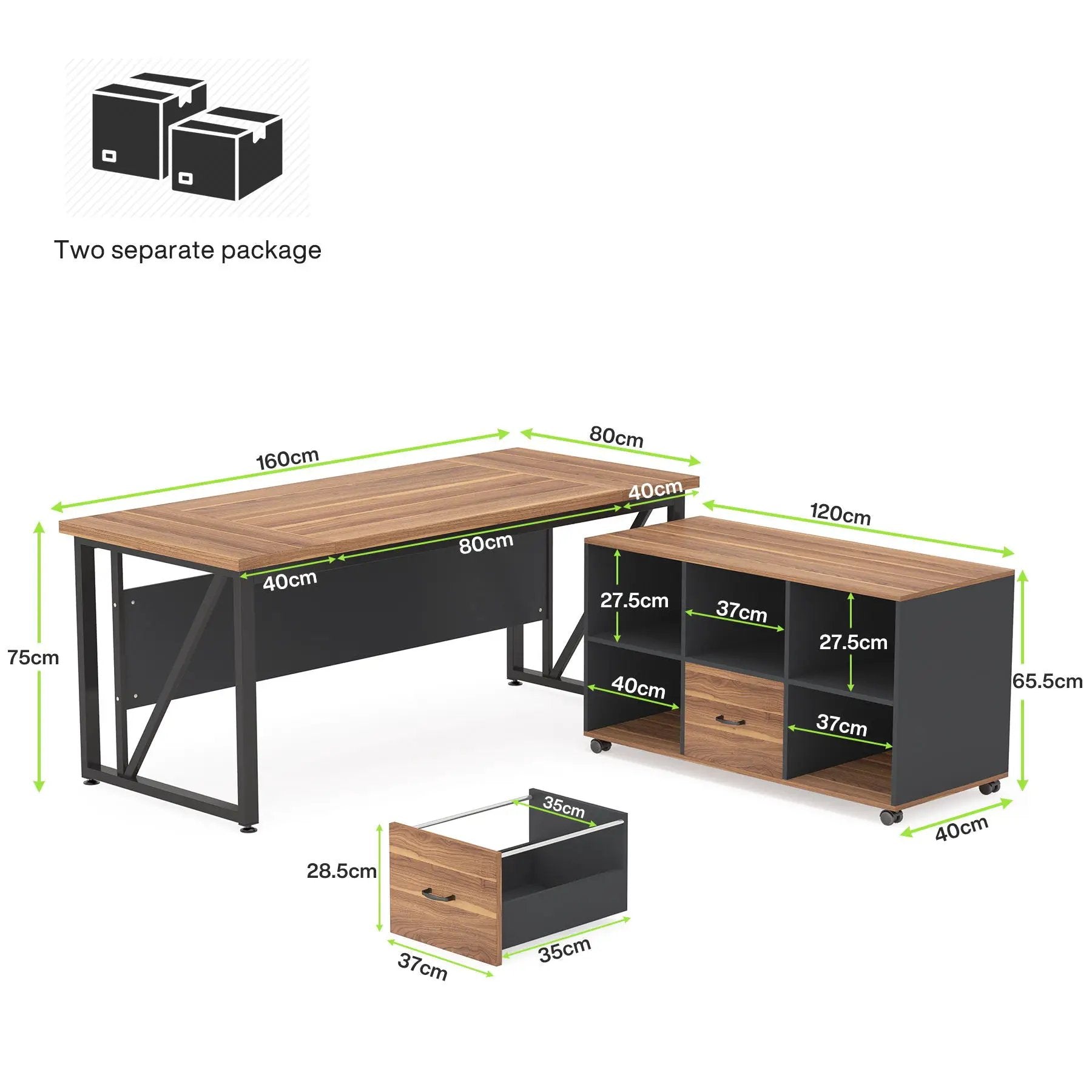 L-Shaped Executive Desk With Mobile File Cabinet, Large Home Office Workstation With Drawers And Shelves - Brown / Black by HouseOfZazla