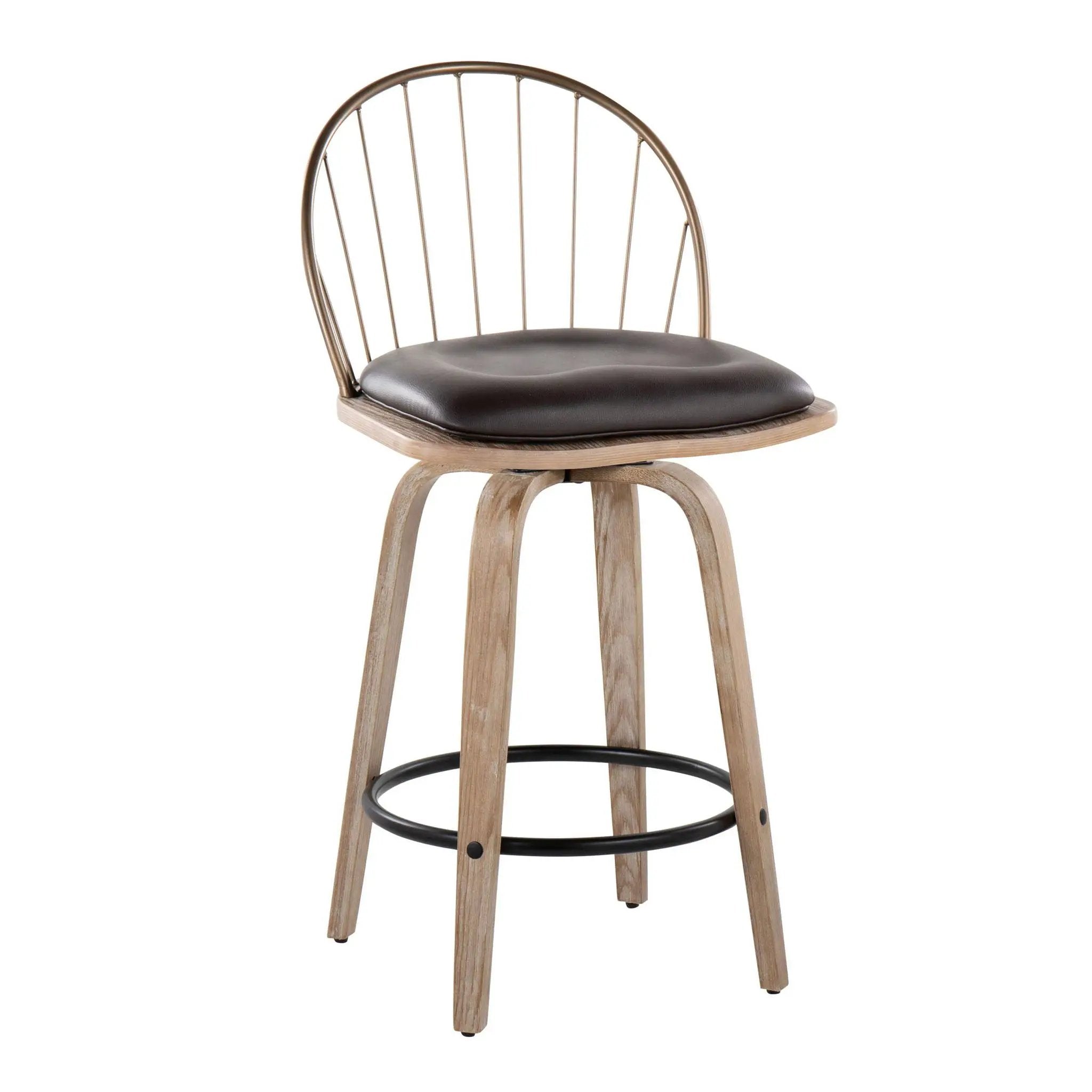 Riley - Farmhouse Fixed Height Counter Stool Round Footrest With Removable Cushion (Set of 2) - White Washed / Antique Copper / Brown by HouseOfZazla