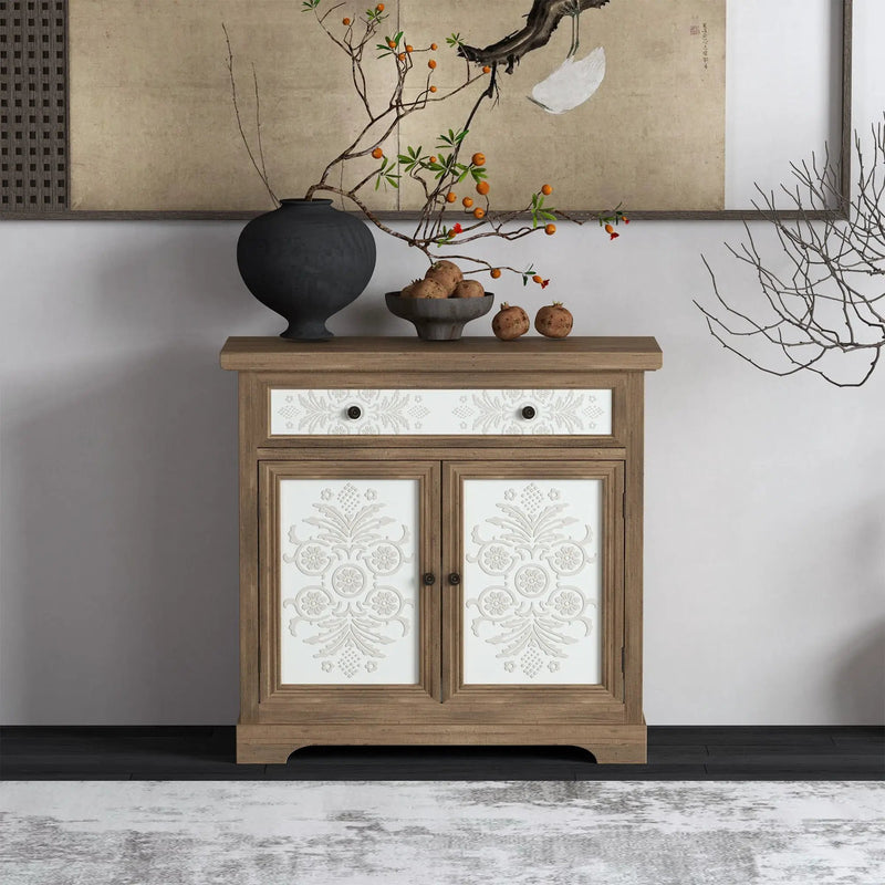 Accent Cabinet With Carved Floral Panels, Sideboard With Drawer And Double Doors - Antique Brown / White by Unique Piece Furniture